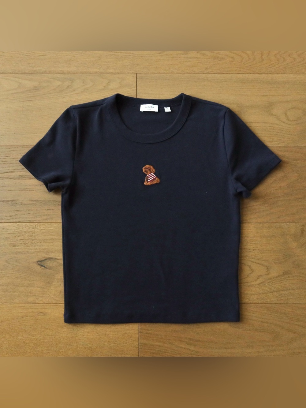 Aritzia Kids Navy Short-Sleeve Tee with Brown Dog Patch